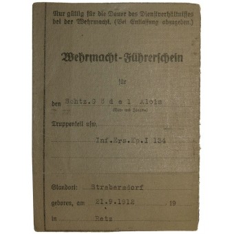Водительские права Вермахта, выданы стрелку из 134-го пехотного полка. Espenlaub militaria